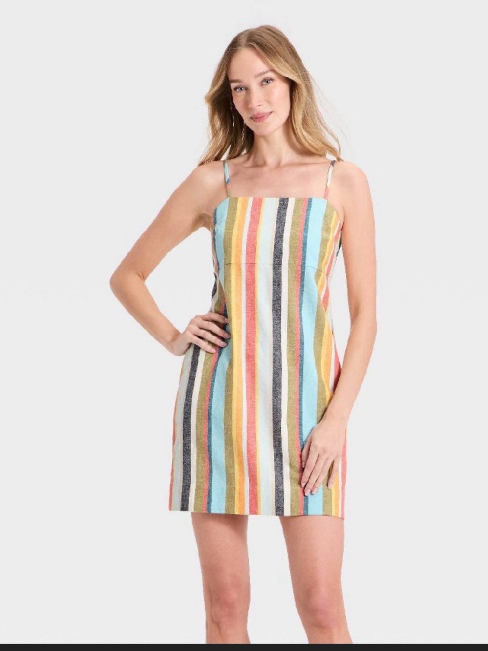 A New Day Women’s Linen Mini Dress M Cream Multicolor Striped Coastal Sundress